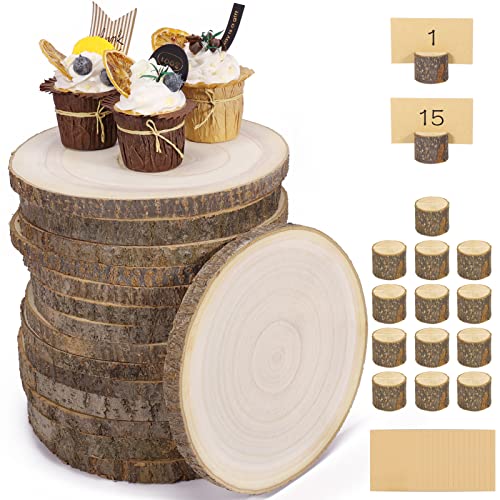 Pllieay 15 Pieces 8-9 Inch Large Unfinished Wood Slice with 15 Pieces Wood Table Number Card Holders and 15 Cards for Wedding Centerpiece, DIY