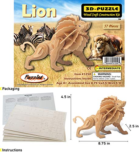 Puzzled 3D Puzzle Lion Wood Craft Construction Model Kit, Unique & Educational DIY Wooden Toy Assemble Model Unfinished Crafting Hobby Safari Animal Puzzled