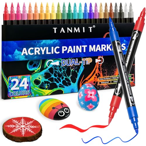 24 Colors Acrylic Paint Pens, Dual Tip Acrylic Paint Markers with Brush Tip and Fine Tip, Acrylic Pens for Rock Painting, Wood, Canvas, Stone, Glass, TANMIT