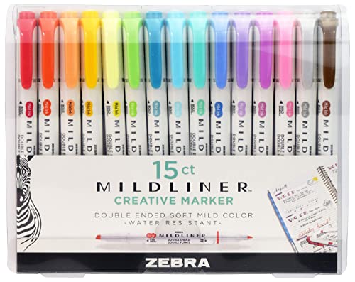 Zebra Pen Mildliner Double Ended Highlighter Set, Broad and Fine Point Tips, Assorted Ink Colors, 15-Pack - WoodArtSupply