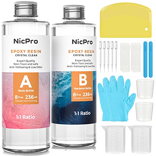 Nicpro 16 Ounce Crystal Clear Epoxy Resin Kit, DIY Starter Epoxy Resin Supplies with 4 Measuring Cups, 2 Silicone Sticks, Gloves, Spreader for Art - WoodArtSupply