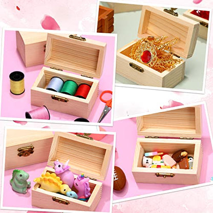 24 Pack Unfinished Wood Treasure Chest with 10 Paintbrushes, Small Treasure Box Wooden Craft Boxes with Locking Clasp Wooden Storage Box for DIY