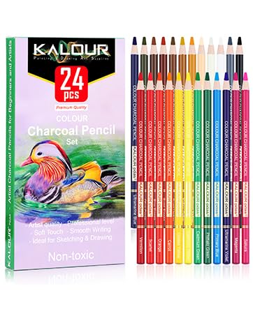 KALOUR 24 Premium Colored Charcoal Pencils Drawing Set,Quality Pastel Chalk Pencils,Skin Tone Colored, for Coloring, Sketching, Drawing,Layering &