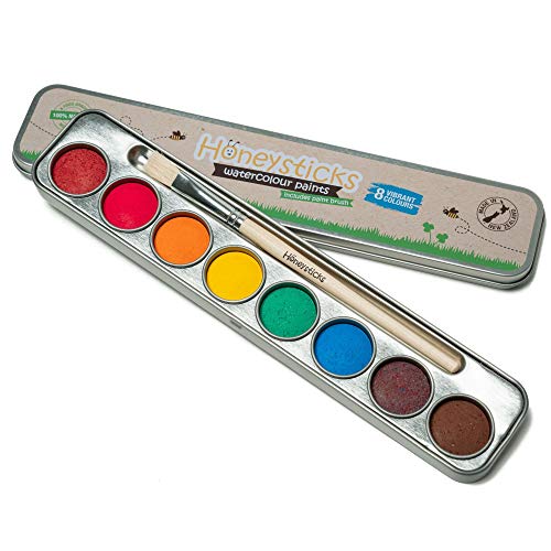 Honeysticks Non Toxic Watercolor Paint Set for Kids and Toddlers - 8 Vibrant and Long Lasting Colors with Brush - Natural and Food Grade Ingredients Honeysticks