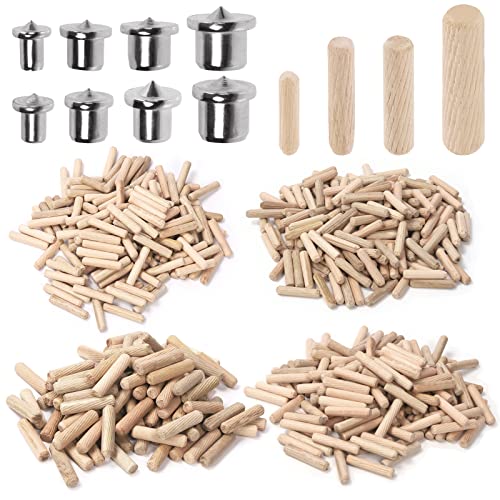 Swpeet 505Pcs 4 Sizes 1/4" 5/16" 3/8" 1/2" Wooden Dowel Pins Straight Grooved Pins with Center Point Cylinder Wood Dowels Assortment Kit, Dowel and Swpeet