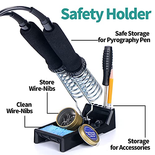 YIHUA 939D-II Pyrography Pen Wood Burning Kit Station 2-in-1 Solid-Point 200~480°C (with Temp Display)/Wire-Nib 250~750°C with 20 Nibs, Solid Points, YIHUA