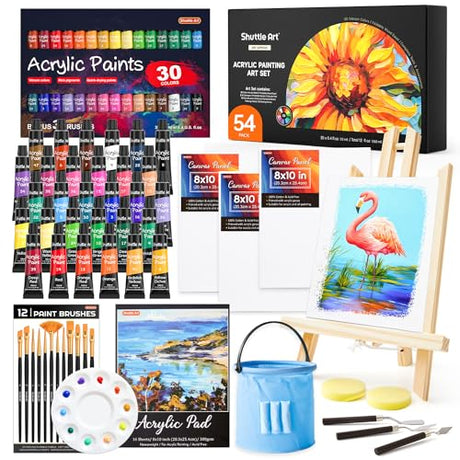 Shuttle Art 54 Pack Acrylic Paint Set, Acrylic Painting Set with 30 Colors Acrylic Paint, Wooden Easel, Painting Canvas, Paint Brushes, Palette, Art Shuttle Art