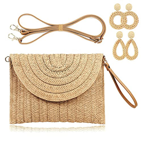 COOKOOKY Straw Clutch Handbag Summer Beach Straw Purse for Women woven Envelope Bag and 2 Pairs Rattan Earrings (Light brown bag and Rattan earrings) COOKOOKY