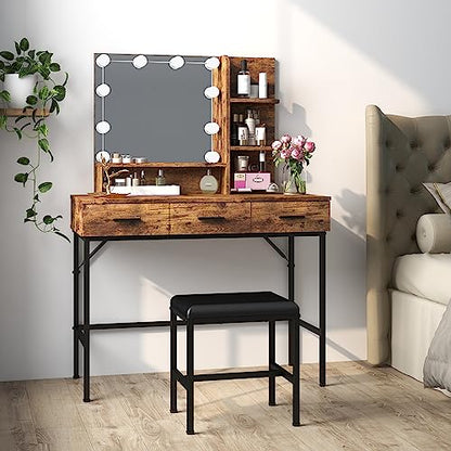 Vanity Table with Lighted Mirror, 3 Drawers Makeup Desk Dressing Table with Lots Storage Vanity Set with Wider Cushioned Stool for Bedroom (Brown)