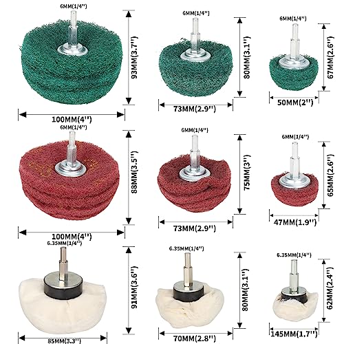 Baisiky 9PCS Non Woven Abrasive Buffing Polishing Wheel Drill Attachment Set,Scouring Pads Power Scrubber Cleaning Kit Baisiky