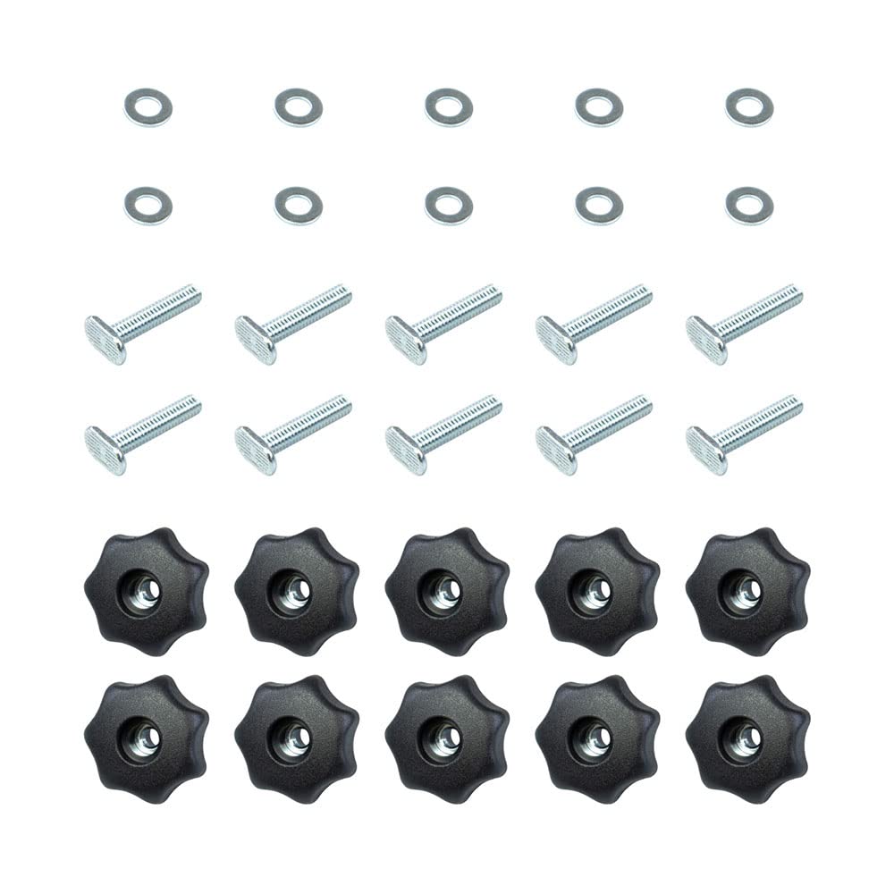 POWERTEC 71481 T Track Knob Kit w/ 7 Star Knob, 1/4-20 Threaded Bolts and Washers, 10 Pack, T Track Bolts, T Track Accessories for Woodworking Jigs - WoodArtSupply