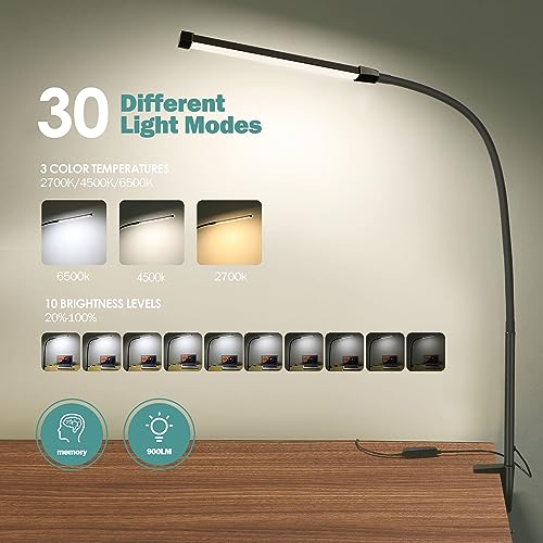 CUHIOY Desk Lamp with Metal Clamp, 3 Colors 10 Lightings LED Desk Light with USB Adapter for Home Office, Eye-Caring Flexible Gooseneck Clip on - WoodArtSupply