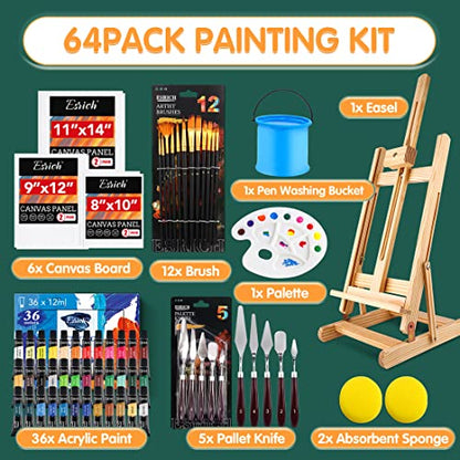 ESRICH Acrylic Paint Canvas Set,52 Piece Professional Painting Supplies Kit  with 2 Wood Easel,2 * 12Colors,2 * 10 Brushes,Circular Canvas Etc,Premium