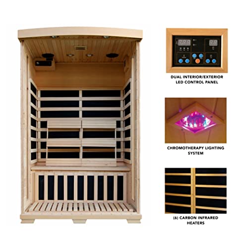 HEATWAVE Radiant Saunas 2-Person Hemlock Infrared Sauna with 6 Carbon Heaters, Chromotherapy Lighting, Oxygen Ionizer Blue Wave
