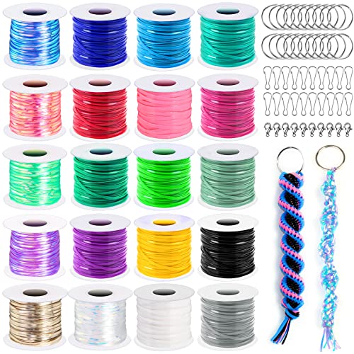 cridoz Lanyard String, Boondoggle String Kit with 20 Rolls Plastic Lacing Cord and 50Pcs Keychain lanyard Accessories, Gimp String Lanyard Weaving cridoz