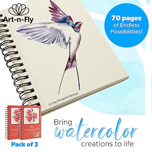 Art-n-Fly 5.5 x 8.5 in Watercolor Sketchpad Mini Book - 2 Pack x 35 Sheets Each- Spiral Bound and Microperforated - 300gsm / 140lb 8.5x5.5' Art-n-Fly