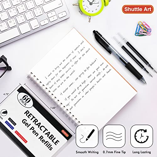 Retractable Gel Pen Refills, Shuttle Art 60 Pack Black Rollerball Gel Ink Pens Refills, Bulk Set, 0.7mm Fine Point for Writing Journaling Taking Shuttle Art