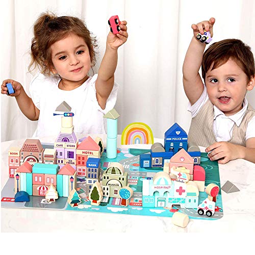 CICITOYWO Wooden Building Blocks Set Wood Kids Construction Stacker Stacking Preschool Learning Educational Preschool Toys Kit for Toddler 3+ Year