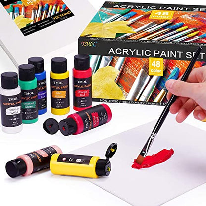 Acrylic Paint Set, 48 Colors (2 oz/Bottle) with 12 Art Brushes, Art Supplies for Painting Canvas, Wood, Ceramic & Fabric, Rich Pigments Lasting - WoodArtSupply