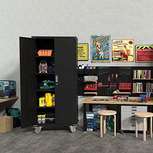 Aobabo 72 Inch Tall 2 Door Rolling Locking Metal Storage Cabinet Organizer with 4 Adjustable Shelves and 2 Keys for Garages and Offices, Black - WoodArtSupply