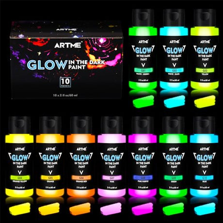 ARTME Glow in The Dark Paint, 10 Bright Colors 60ml/2oz Blacklight Paint Set, Neon Craft Paint, Acrylic Glow Fluorescent Paint Perfect for Art Artme