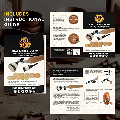 Dura-Gold Bowl Sander Tool Kit with 1" & 2" Hook & Loop Backing Pads, 50 Sanding Discs - Dual Bearing Head, Hardwood Handle, 1/4" Mandrel - 60, 80,