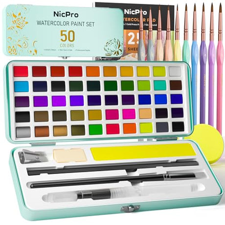 Nicpro 50 Colors Watercolor Paint Set, Including Metallic & Fluorescent Color, 8PCS Macaron Painting Brushes, Water Color Paper, Palette, Art Nicpro