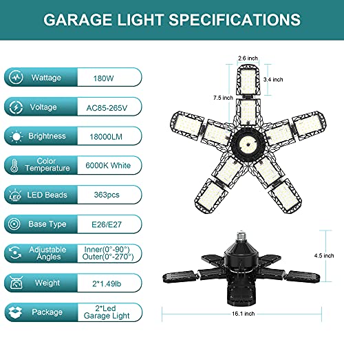 2-Pack Led Garage Light 180W, 18000LM LED Ceiling Lighting with E26/E27 Medium Base, 6000K Deformable LED Shop Light with 10+1 Adjustable Panels for Nexillumi