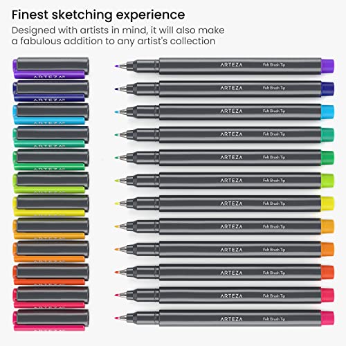 ARTEZA Felt Tip Pens, Set of 12 Bright Brush Tip Calligraphy Pens for Note Taking, Sketching, Cross-Hatching, and Outlining, Dye-Based Ink, ARTEZA