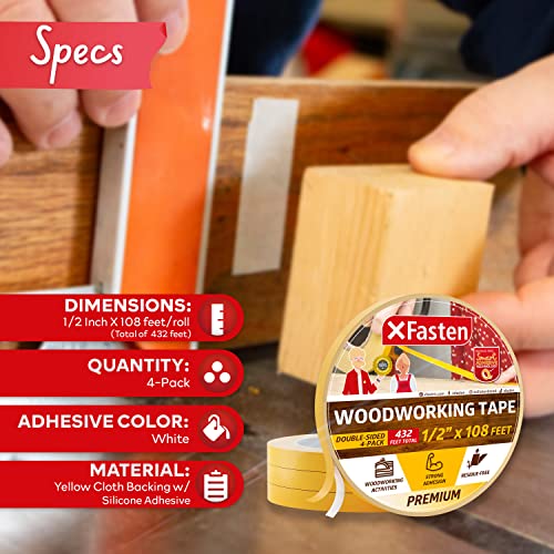 XFasten Double Sided Woodworking Tape 1/2" x 36 Yards (4-Pack) - Double Face Woodworker Turner's Tape for Wood Template, Edge Banding, Routing, XFasten