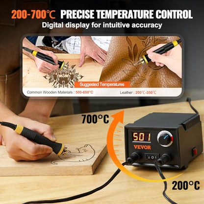 VEVOR Wood Burning Kit, 200~700°C Adjustable Temperature with Display, Dual Output Port with 2 Pyrography Pens, 23 Wire Nibs, 1 Pen Holder, 4 Wood