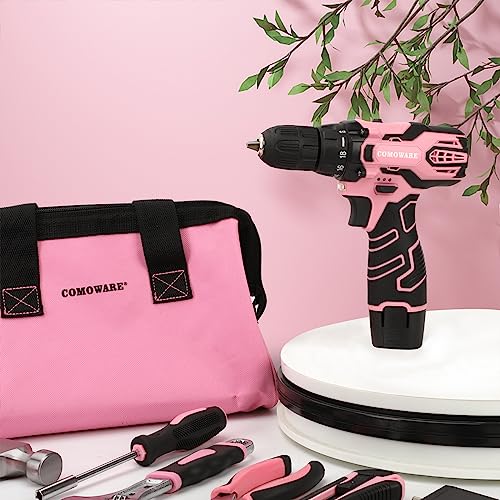 COMOWARE 12V Pink Cordless Drill Driver and Home Tool Kit, Pink Drill Set for Women, Lady's Home Repairing Tool Kit with Power Drill, Large-Capacity COMOWARE