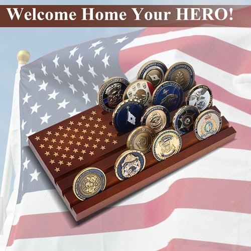 Samplife Coin Rack,Challenge Coins Display Stand Shelves Wooden Army Collectible Coins Holder Rack Case 6 Row Display American Flag Samplife
