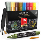 ARTEZA Pastel Liquid Chalk Markers, Set of 16 with 16 Replaceable Chisel Tips, Tweezers, Labels, Stencils - Erasable, Water-Based Pens Ideal for ARTEZA