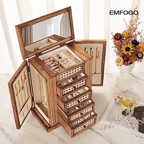Emfogo Jewelry Box for Women, 5 Layer Large Wood Jewelry Boxes & Organizers for Necklaces Earrings Rings Bracelets, Rustic Jewelry Organizer Box with Emfogo