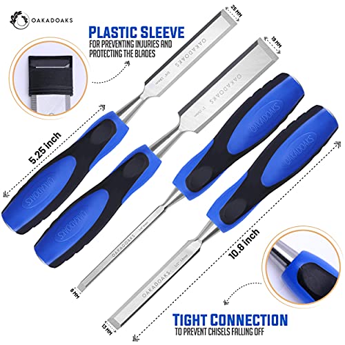 Chisel Set Woodworking Tools & Wood Carving Tools – Sharp, Chrome Vanadium Steel Wood Chisel Sets w/Beveled Edges – Durable PP & TPR Handle + Metal Oakadoaks