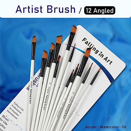 Falling in Art Paint Brushes Set, 12 PCS Nylon Professional Angled Paint Brushes for Watercolor, Oil Painting, Acrylic, Face Body Nail Art, Crafts, Falling in Art