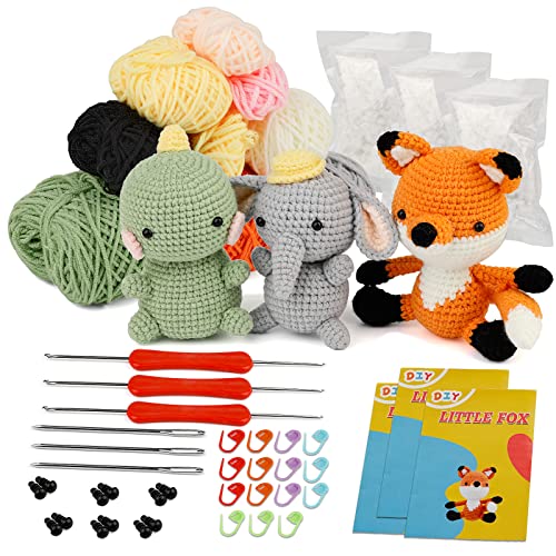 kdafio 3 Pcs DIY Crochet Animal Kit, Fox Plush Doll, Elephant Plush Doll, Dinosauria Plush Doll,Clear Easy to Follow Instructions for Starter - WoodArtSupply