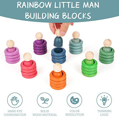 Montessori Toys Wooden Color Sorting Stacking Rings Toy Rainbow Wooden Peg Dolls Counting Toys Circular Building Blocks Stacking Game Preschool