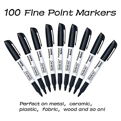 Shuttle Art Permanent Markers, 100 Pack Black Permanent Marker set,Fine Point, Works on Plastic,Wood,Stone,Metal and Glass for Doodling, Marking