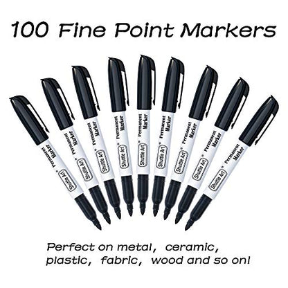 Shuttle Art Permanent Markers, 100 Pack Black Permanent Marker set,Fine Point, Works on Plastic,Wood,Stone,Metal and Glass for Doodling, Marking