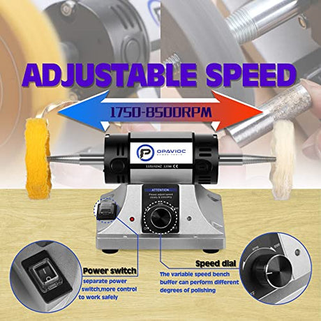 OPAVIOC Jewelry Polisher - Adjustable Variable Speed Bench Grinder Polishing & Buffing Machine, Dental Buffer & Lathe - Includes 6 Cloth Wheels, 2 OPAVIOC
