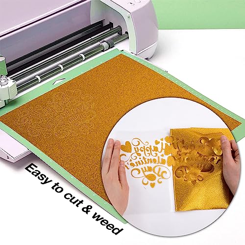HTVRONT Gold Glitter HTV Vinyl Roll-12 x 15FT Gold Glitter Heat Transfer Vinyl for Shirts, Glitter Iron on Vinyl for All Cutter Machine，Easy to Cut HTVRONT
