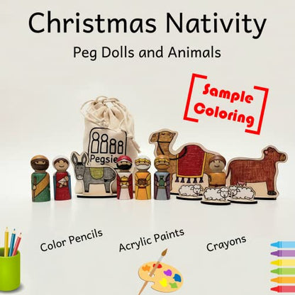 Christmas Peg Doll and Animal Nativity Set - Mary, Joseph, Angel, Shepherd, 3 Wise Men - Camel, Cow, Donkey, Sheep - DIY Color Your Own Wood Craft - - WoodArtSupply