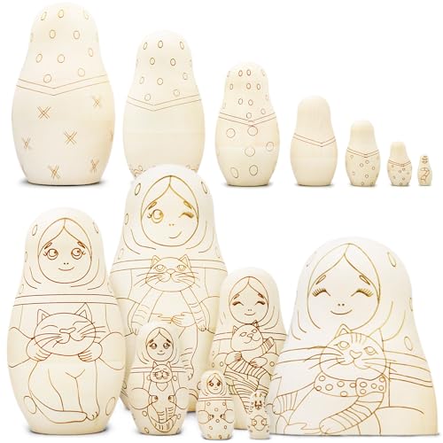 AEVVV Set 7 pcs Unfinished Nesting Dolls Blank for Arts and Crafts, DIY Projects - Wooden Crafts to Paint Your Own Matryoshka - Blank Russian Nesting