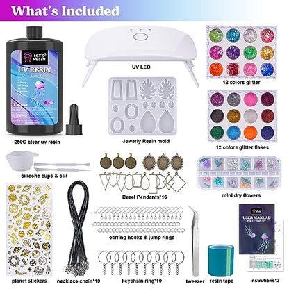 LET'S RESIN UV Resin Kit with Light,153Pcs Resin Jewelry Making Kit with Highly Clear UV Resin, Upgraded UV Lamp, Resin Accessories, Epoxy Resin