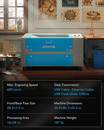 OMTech 60W CO2 Laser Engraver with LightBurn, 16x24 Inch Laser Engraving Cutting Machine with 2 Way Pass Air Assist Digital Control Panel RDWorks, - WoodArtSupply