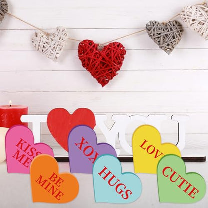 Whaline 6Pcs Valentine's Day Conversation Heart Table Wooden Sign Unfinished Love Heart Wood Slice Double-Sided Heart Tabletop Centerpiece for