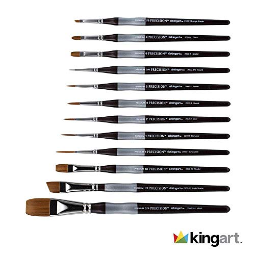 KINGART 1070B Premium Precision Mixed Media Artist Paint Brushes Set of 12, Ergonomic Comfort Short Handle, Oil, Watercolor, Acrylic Painting, Gift KINGART