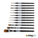 KINGART 1070B Premium Precision Mixed Media Artist Paint Brushes Set of 12, Ergonomic Comfort Short Handle, Oil, Watercolor, Acrylic Painting, Gift KINGART
